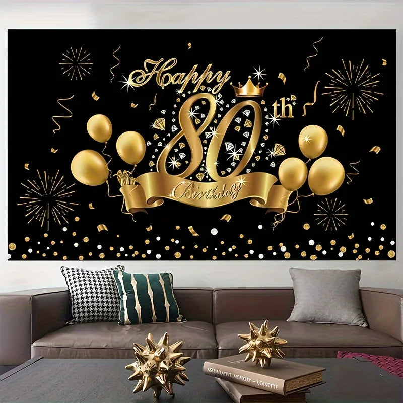 Bannière anniversaire 80 ans noir doré suspendue pour décoration fête