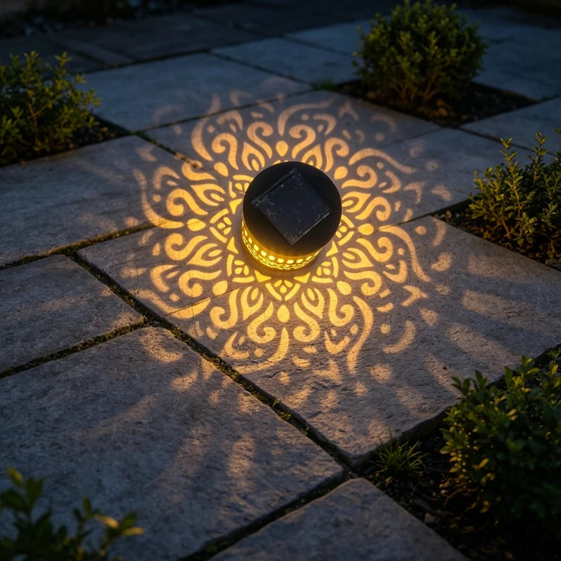 lampe solaire décorative moderne noire dorée ajourée florale ip65 extérieure jardin terrace