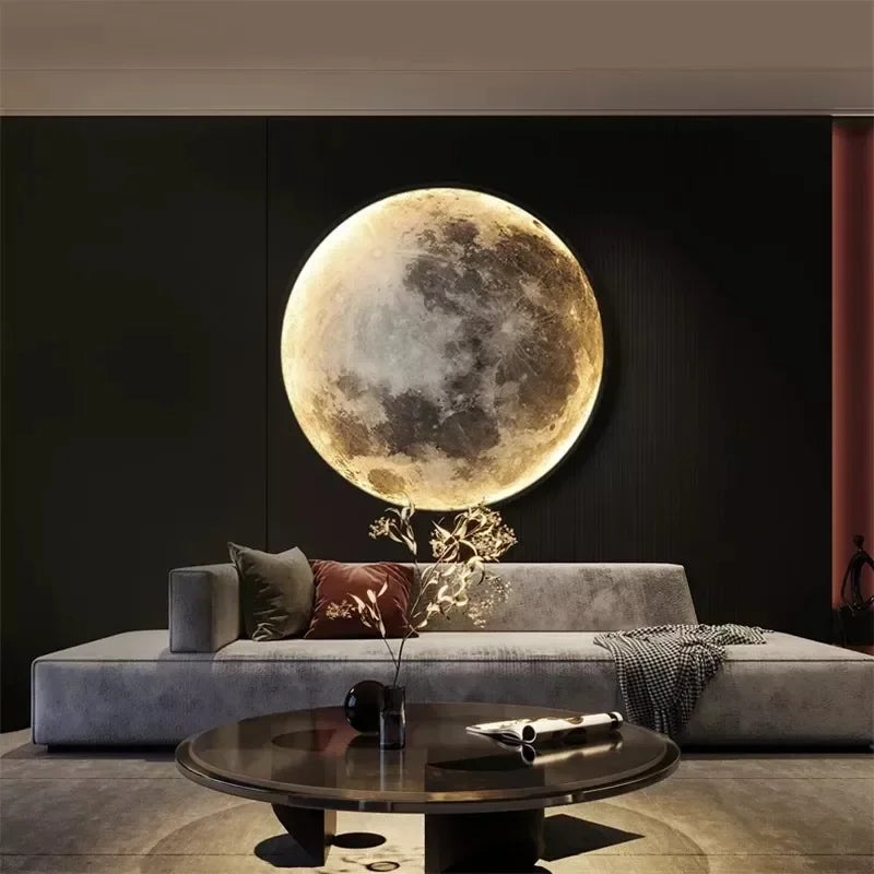 Applique murale LED Lune 3D éclairée en blanc chaud dans une chambre moderne