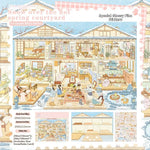stickers decoratifs scènes vie cozy asiatique feuilles papier illustrations detaillees couleurs naturelles éléments architecturaux