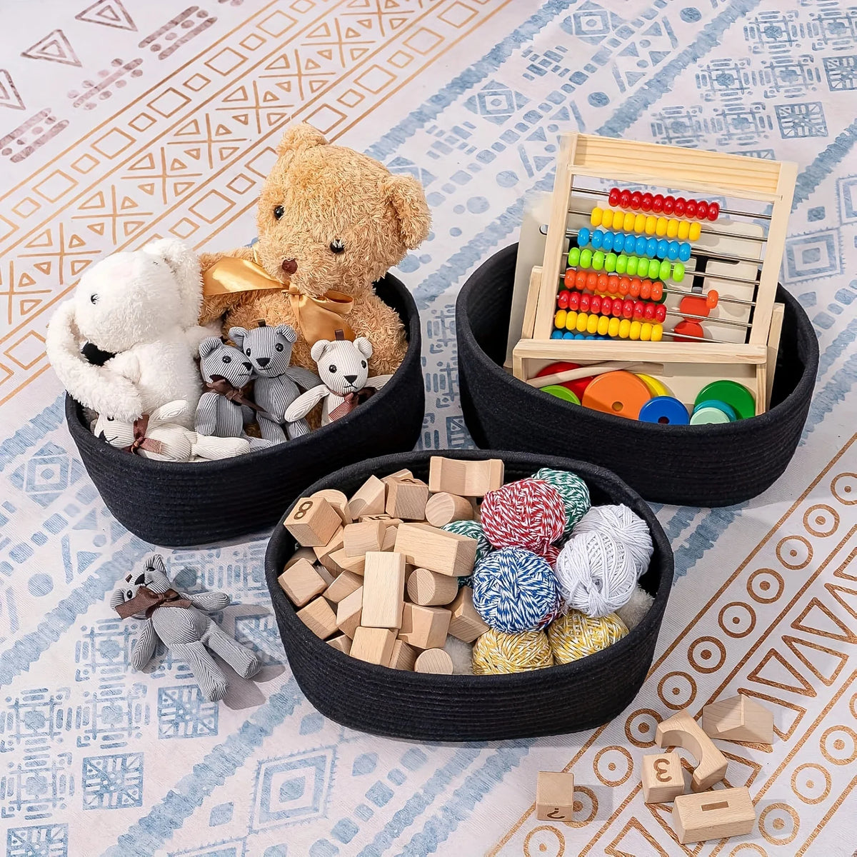 panier rangement tissu tressé pliable jouets cosmétiques maison gris blanc