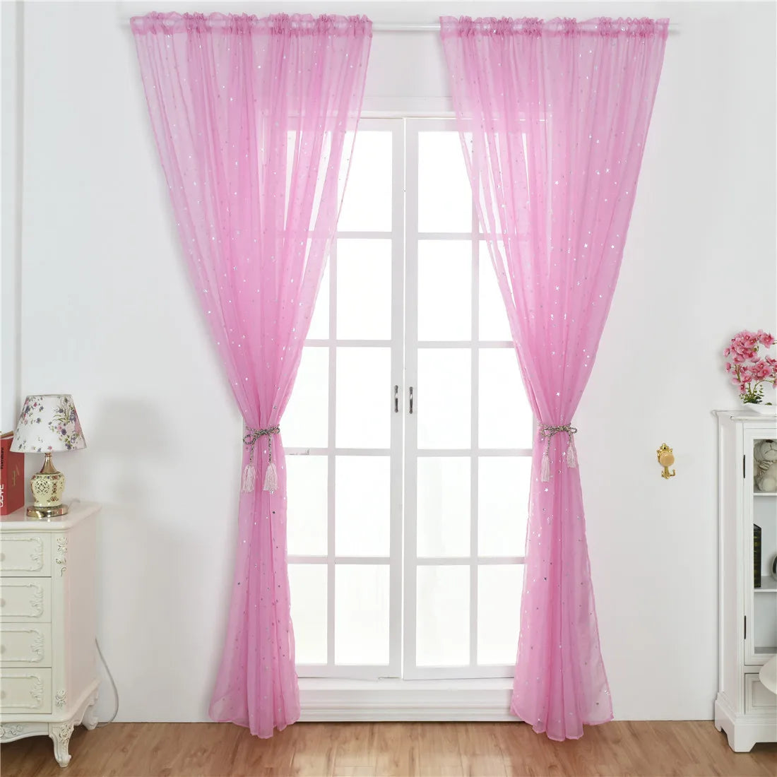 rideau moderne étoiles argentées bleu marine rose transparent anneaux suspension polyester coton chambre fille