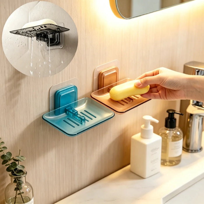 porte savon mural adhésif bleu marron gris transparent perforations moderne praticité salle bain