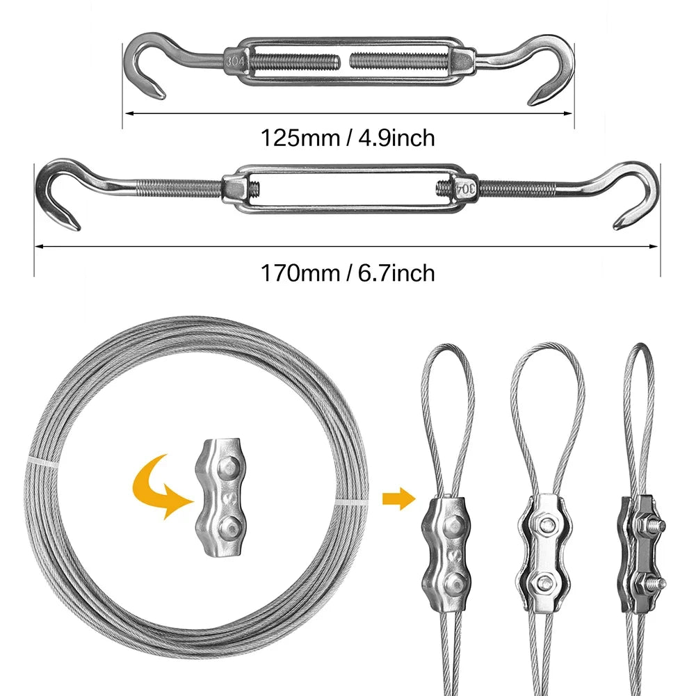 kit fixation voiles argenté 15m câble tourbuckles snap hooks outil jardin industriel