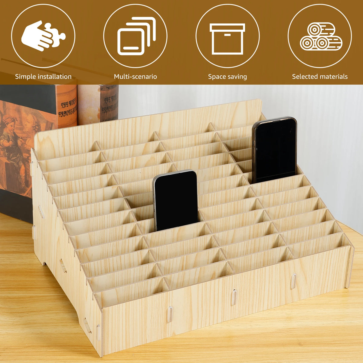 boîte rangement téléphone bois moderne 12 24 48 grilles réutilisable naturelle
