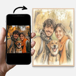 portrait personnalisé famille aquarelle clips artiste décoration maison blanc orangé