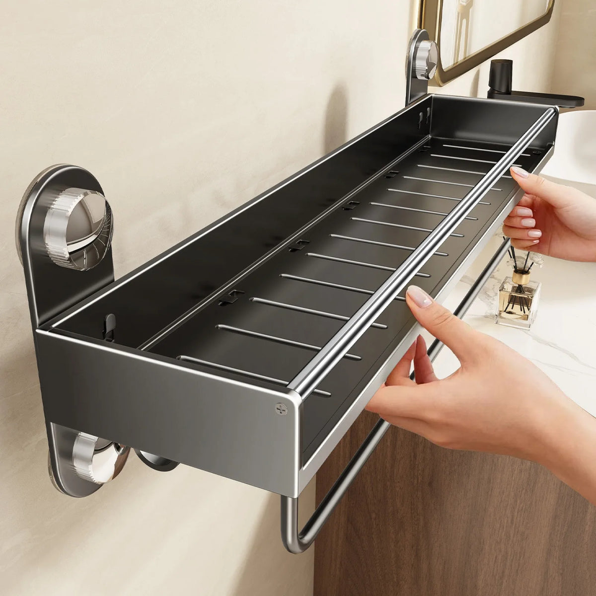 étagère murale salle bain gris acier inoxydable adhésif invisible moderne double niveau poli sans