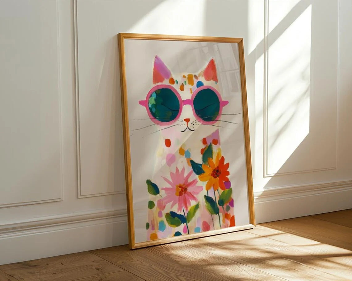 affiche murale chat lunettes fleurs colorée moderne blanche rose bleue verte orange jaune rougeviolette
