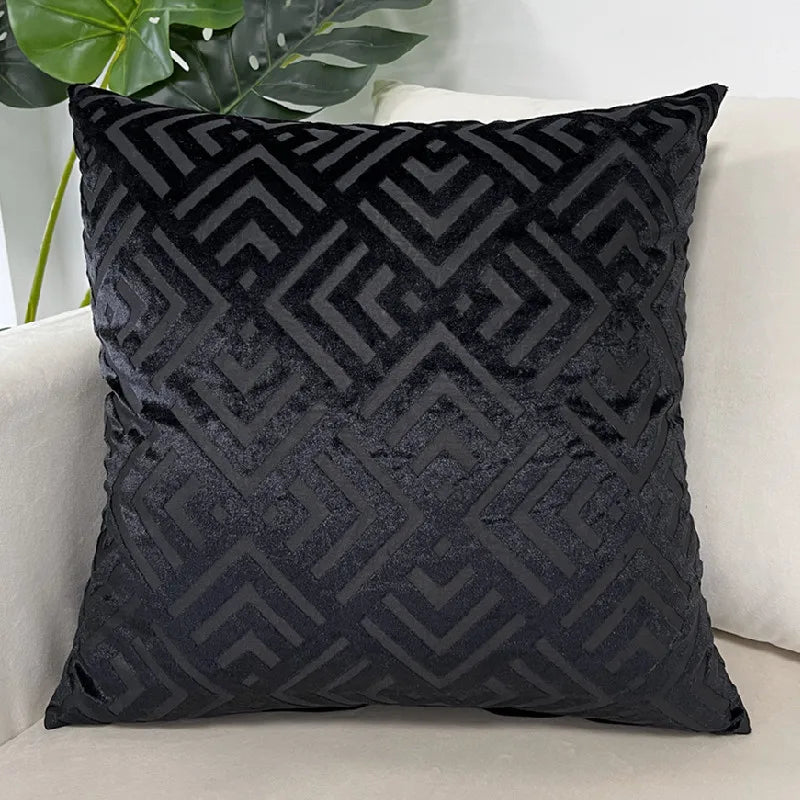 housse coussin carré noir motif géométrique contemporain amovible lavable 100 polyester
