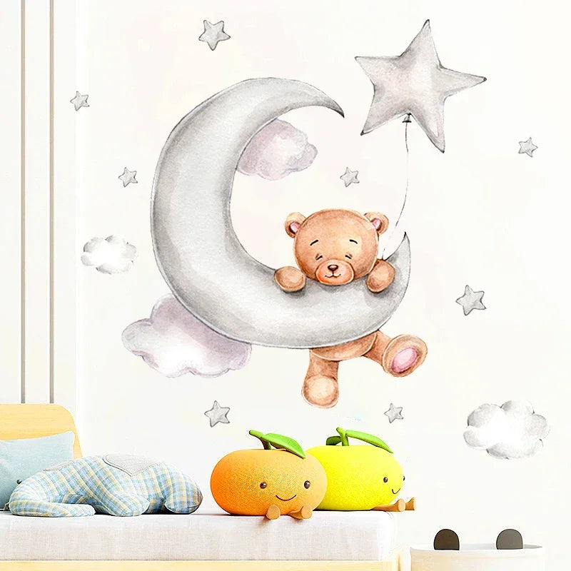 sticker mural dessin animé ours nuages étoiles enfant chambre opaque pvc 49x45cm marron gris