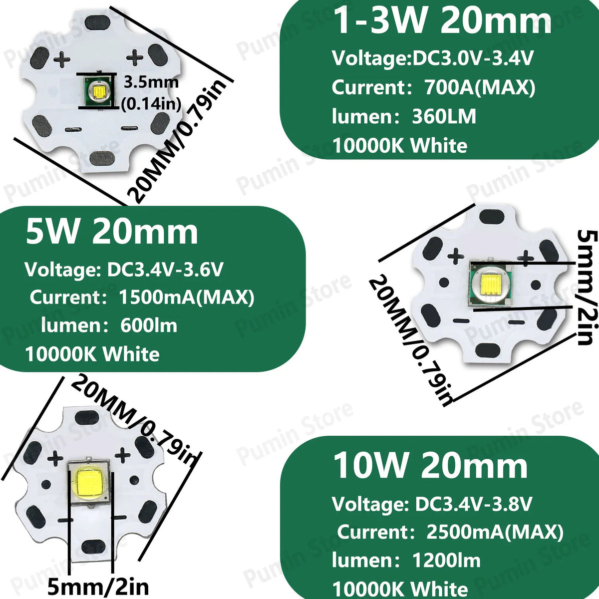 LED haute puissance 1W 3W 5W 10W blanc froide 16mm 20mm éclairage vélo phare