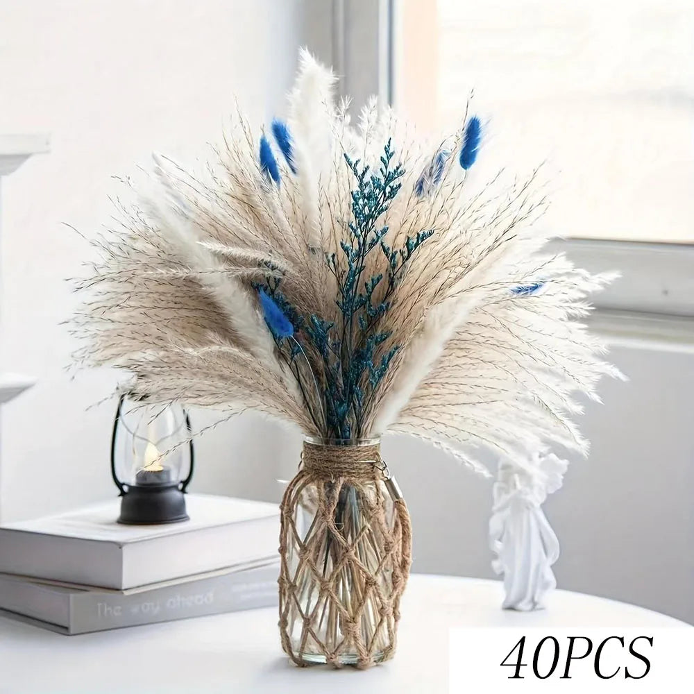 bouquet dried flowers rouge blanc bleu vert feuilles fleurs plumes ruban bleu naturel rustique