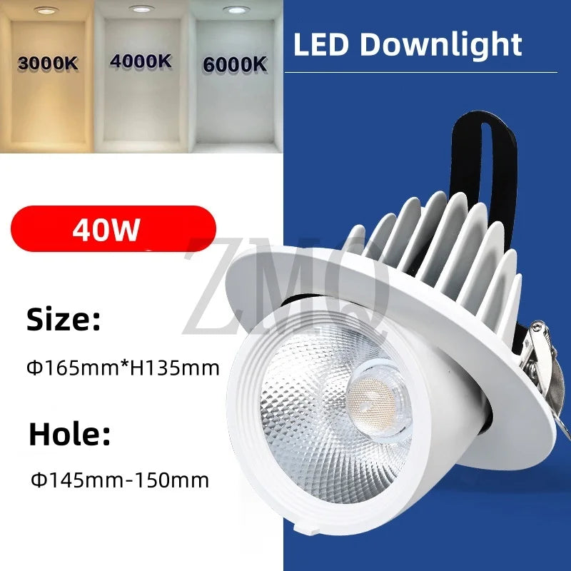 Spot LED Downlight 10W 20W 30W 40W Blanc Grille Refroidissement Moderne Clips Fixation