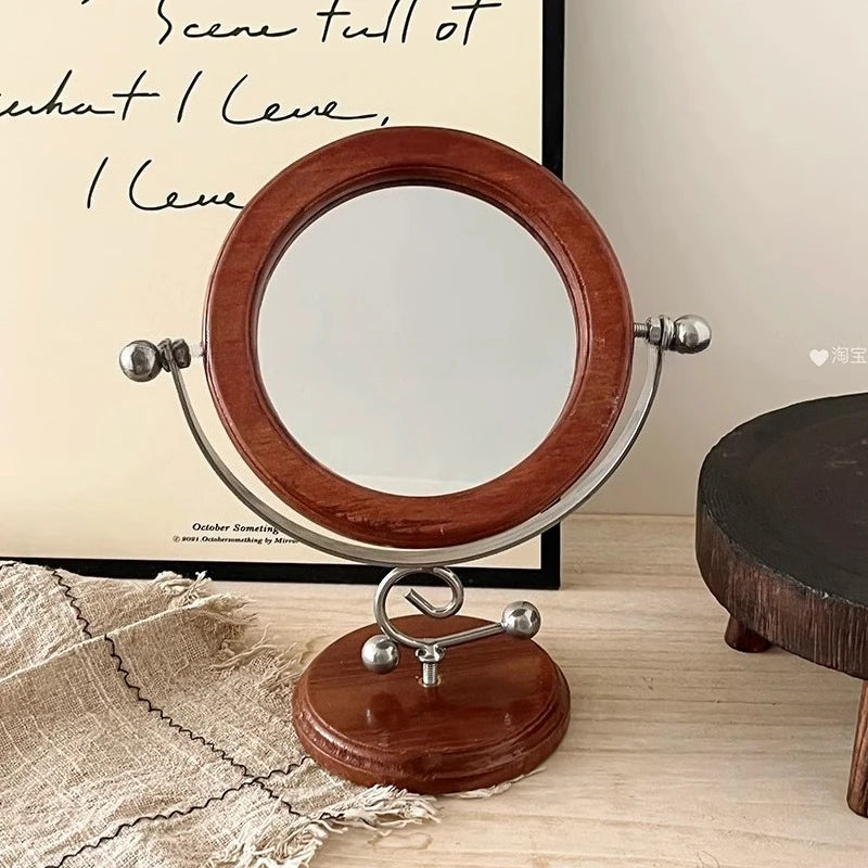 miroir table rotatif vintage rétro marron doré élément métallique bois base