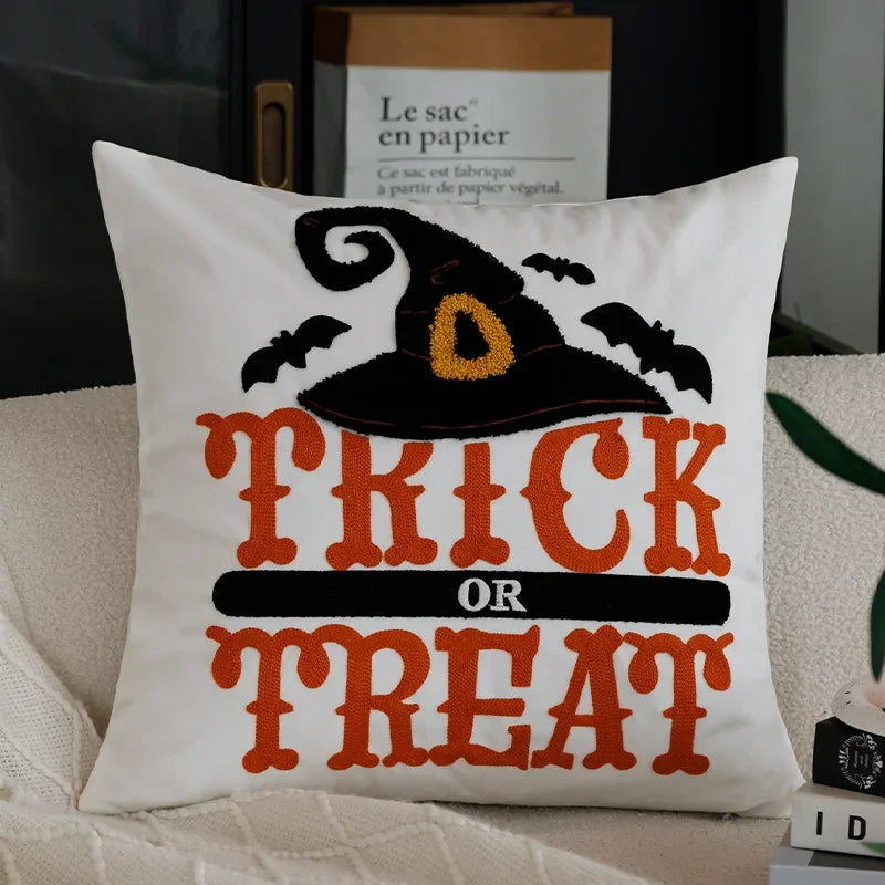 housse coussin carré halloween citrouille trick or treat polyester blanc orange moderne