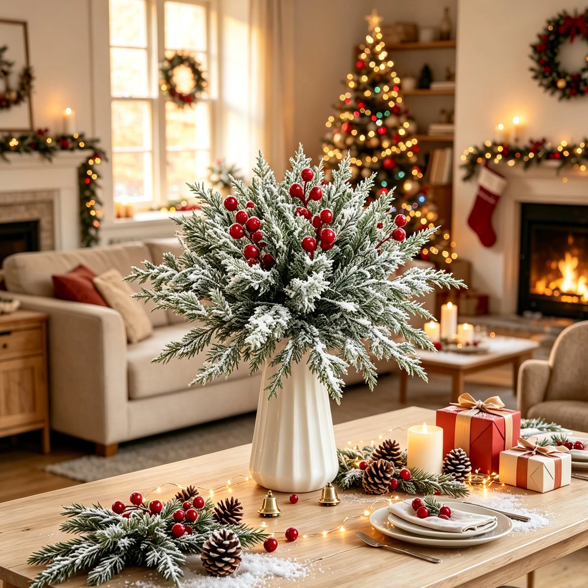 branche artificielle sapin vert baies rouges effet neige décoration noël intérieure festive naturelle