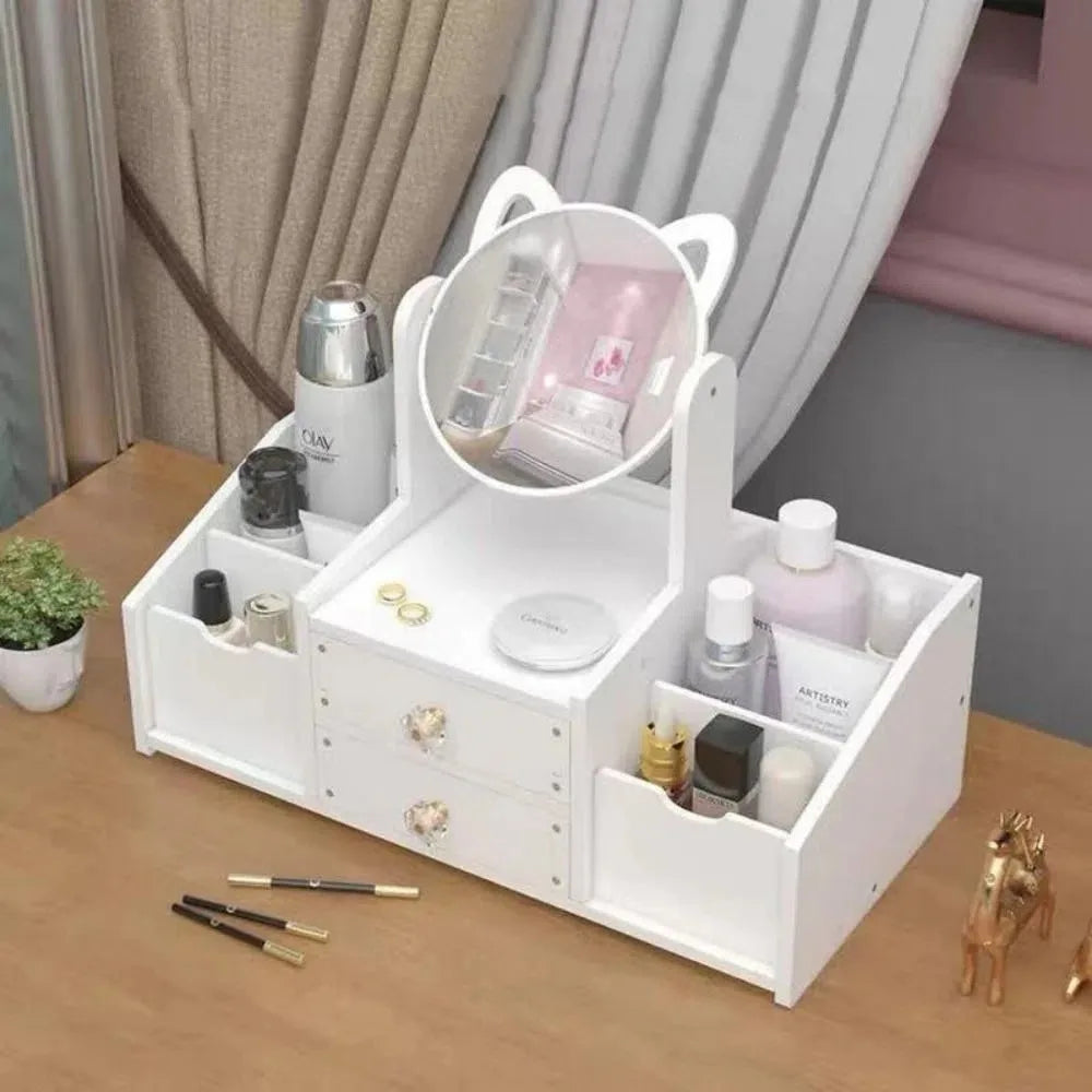 meuble rangement blanc moderne tiroirs miroir rond compartiments cosmétiques