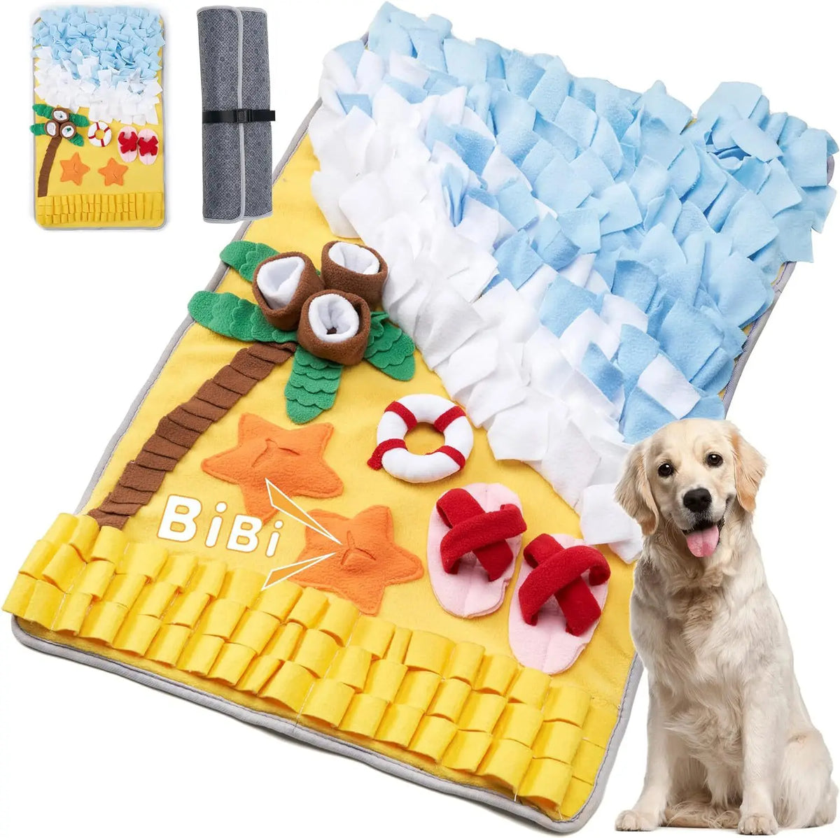 tapis d'activités chiens motif plage palmier coquilles bouée sandales étoiles bibi bleu blanc jaune
