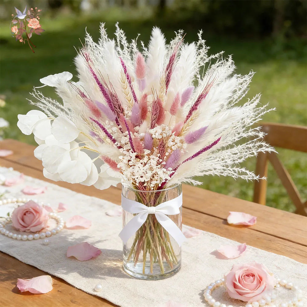 bouquet plumes graminées fleurs séchées blanc rose boho décoration intérieure anniversaire mariage