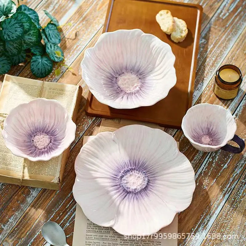 assiette tasse céramique fleurs rose violet blanc décoratif artisanal vaisselle table manger