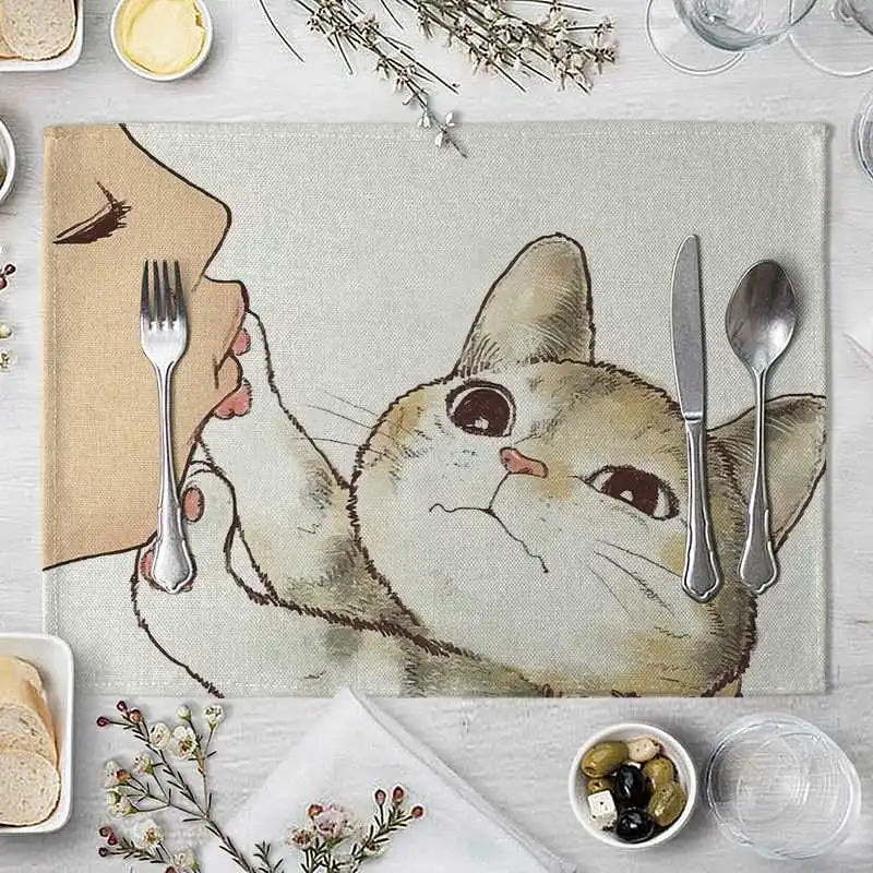 serviette table illustration chat mignon couleur beige gris rose toile lin respectueuse environnement