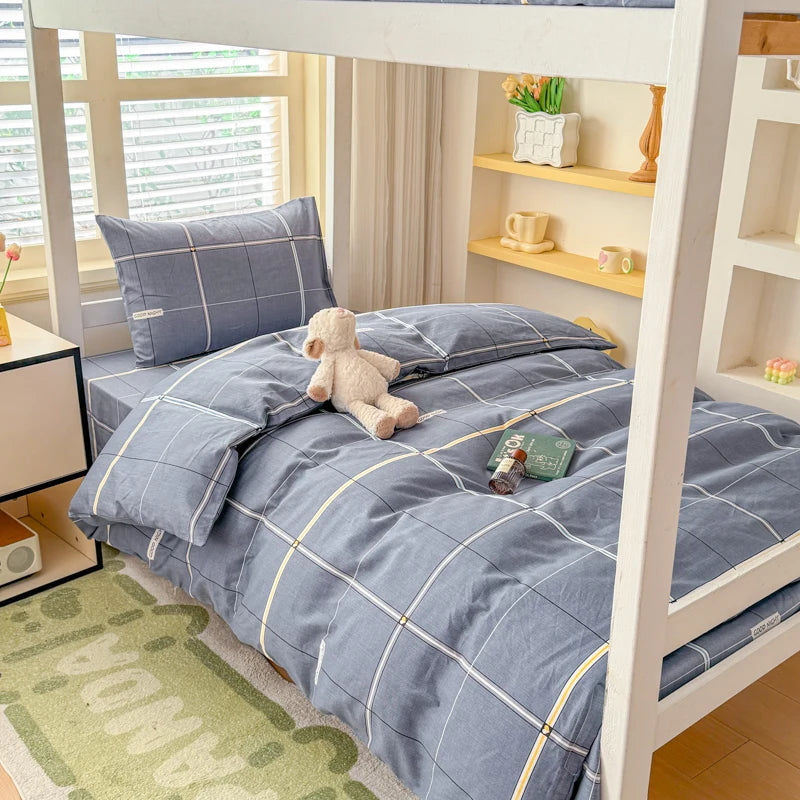 ensemble literie coton plaids carreaux bleu gris jaune blanc moderne enfantin attache ruban couverture