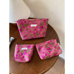 Sac cosmétique toile motif fleurs rose feuilles vertes moderne élégant fermeture glissière dorée rose