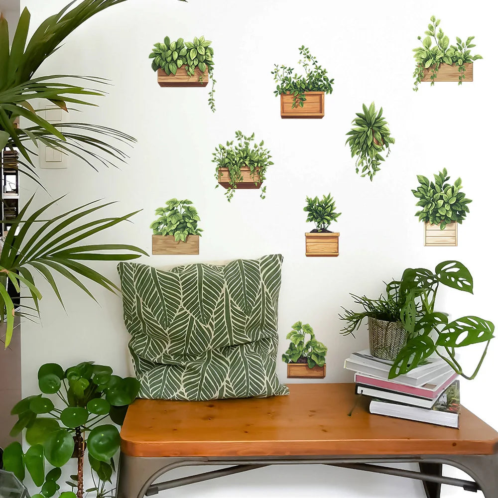stickers muraux plantes pots suspendus feuilles bois naturels minimaliste chambre salon decoration opaques various