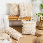 coussin beige géométrique frange boho chic intérieur décoration maison lavable