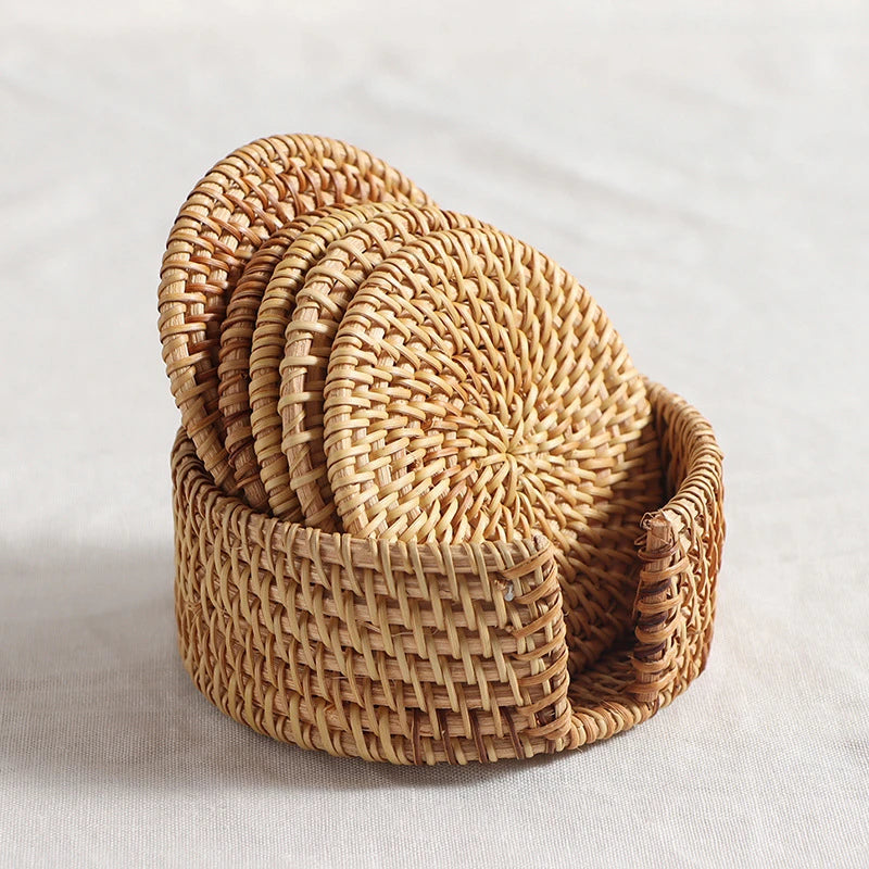 coasters tissés raphia naturel rustique ensemble six accessoires cuisine thé