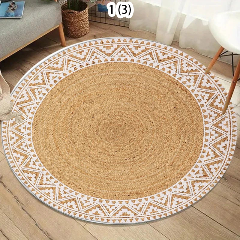 tapis rond boho géométrique floral naturel blanc moderne maison chambre extérieur 80x80cm