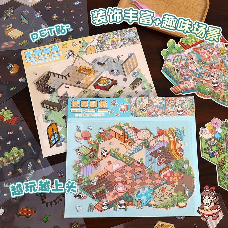 autocollants murals multicolores cartoon mignons détaillés personnages animaux meubles plantes