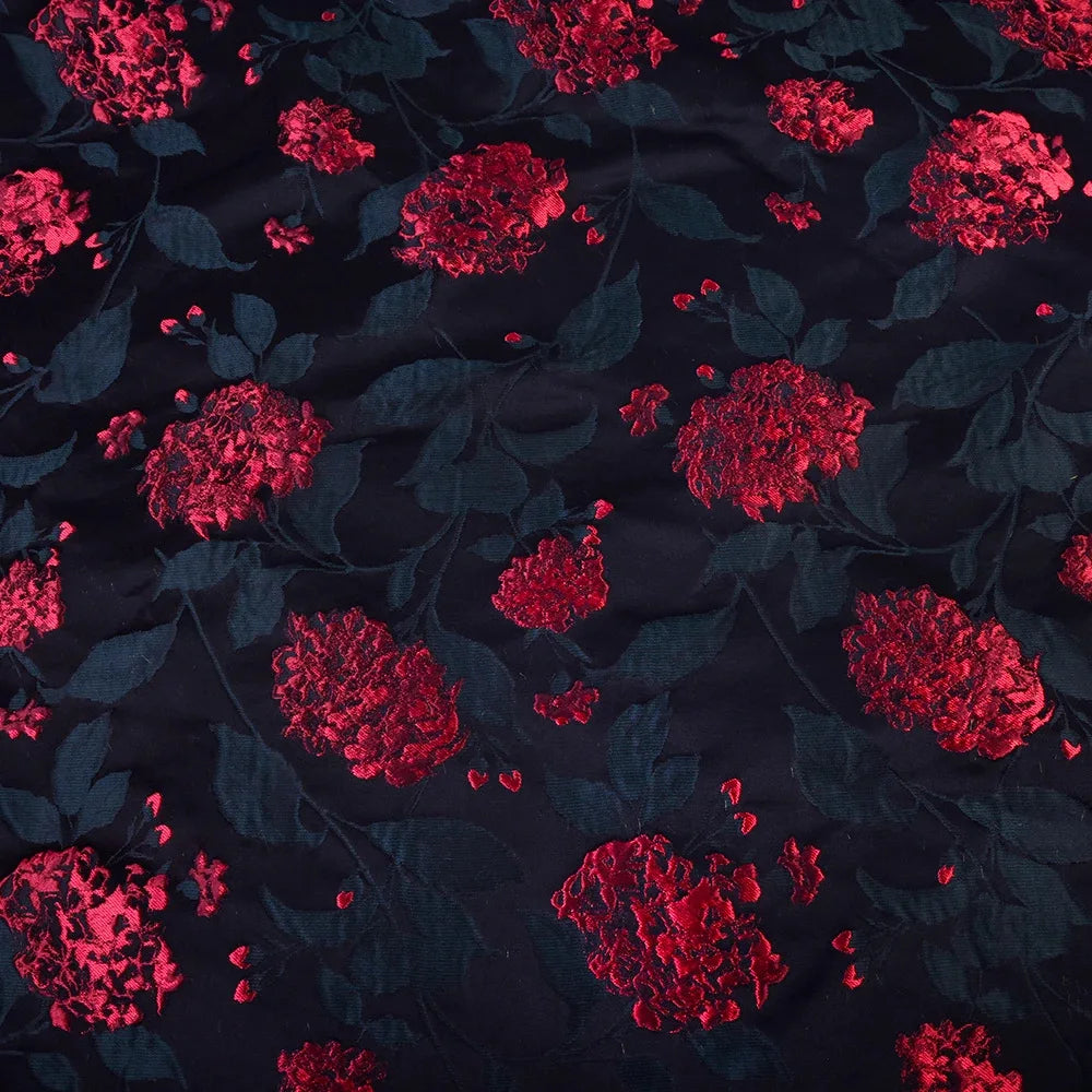 tissu brodé floral luxueux polyester largeur 160cm motifs or rouge noir marine