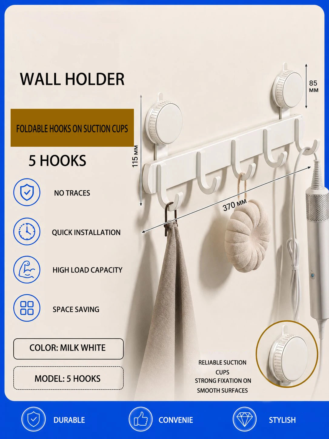 porte sacs mural blanc lait crochets pliables ventouse moderne minimaliste salle bain cuisine
