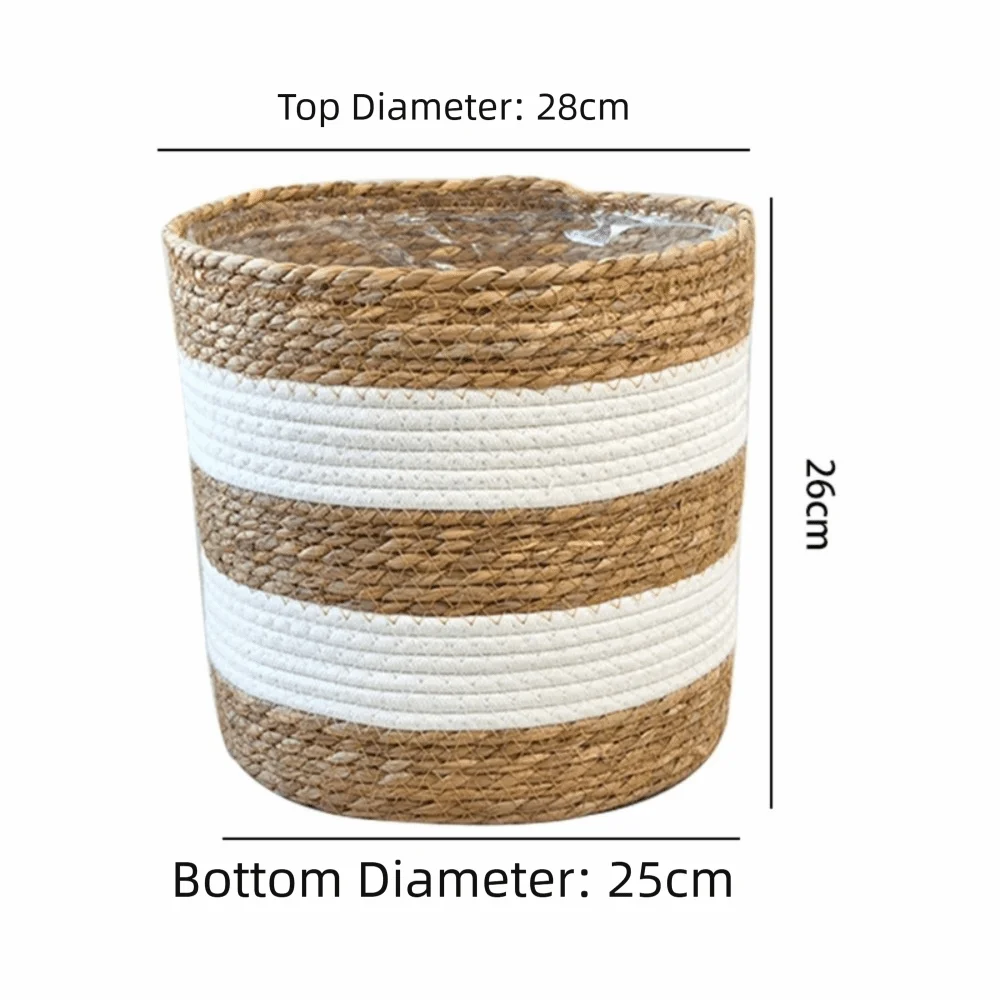 panier bohème cylindrique texture fibreuse strié beige blanc intérieur transparent plantes fleurs