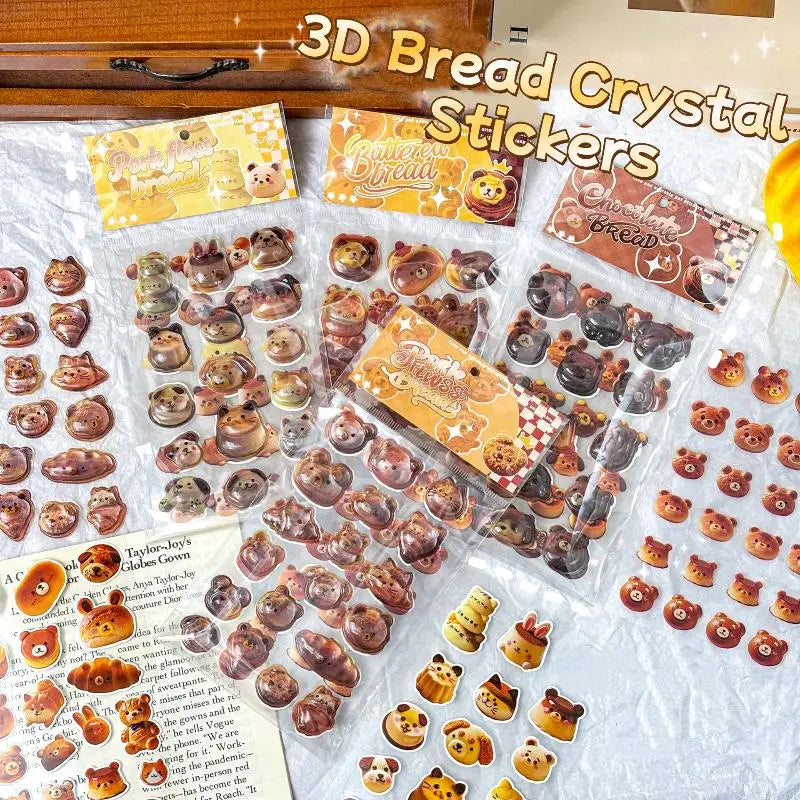 stickers 3d relief transparents pain ours bébé chat marron beige doré scrapbooking téléphone