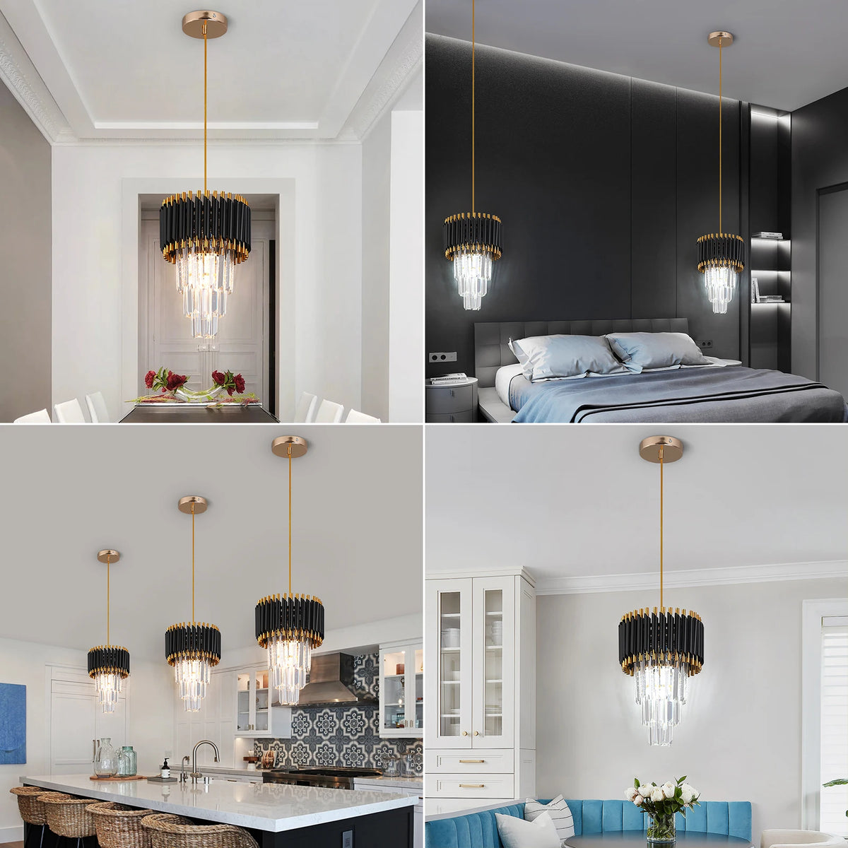 suspension lumineuse moderne or noir cristal led rayures horizontales verre transparent élègante chaîne métallique