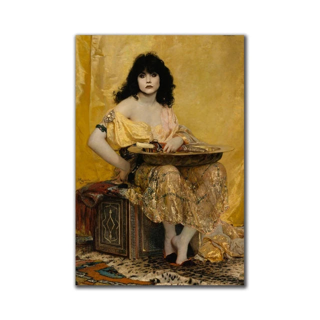 toile d'art impression moderne femme orientaliste couleurs jaune beige sans cadre aquarelle