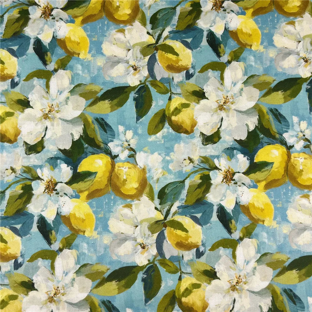 tissu coton imprimé fleurs citrons bleu turquoise jaune brocart décoration patchwork couture diy floral