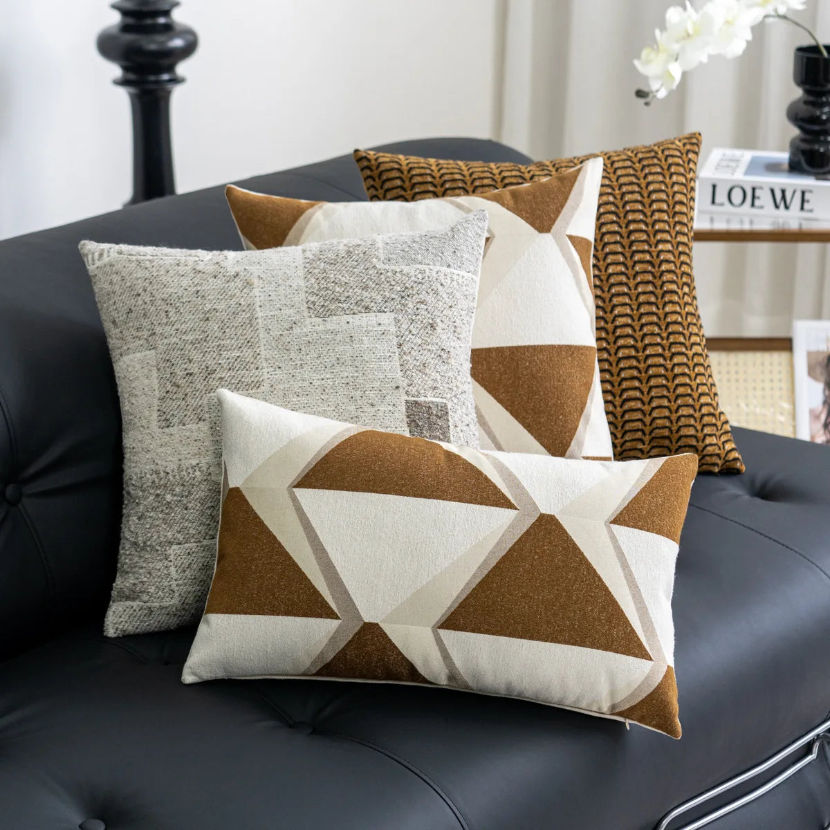 coussin housses polyester géométrique nordique beige marron contemporain opacité adhésif salon voiture decoration