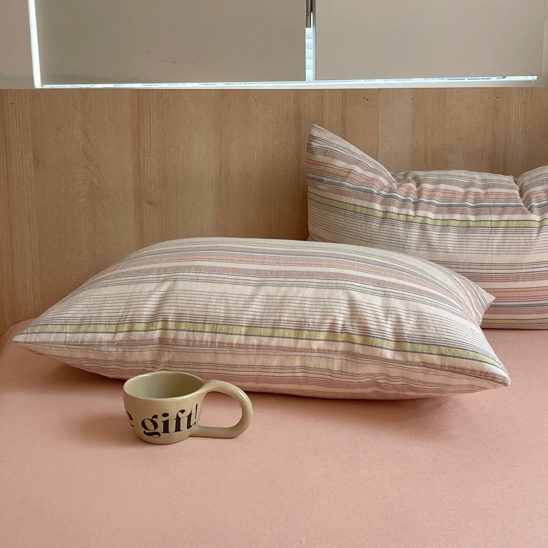 lot taies d'oreiller coton rayures rose clair modernes minimalistes douces lit maison