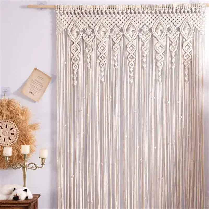 rideau macramé boho chic motifs géométriques beige clair opacité crochet métallique tissage main simple