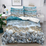 ensemble literie bleu blanc gris motif galets moderne housses taies d'oreiller microfibre machine laver