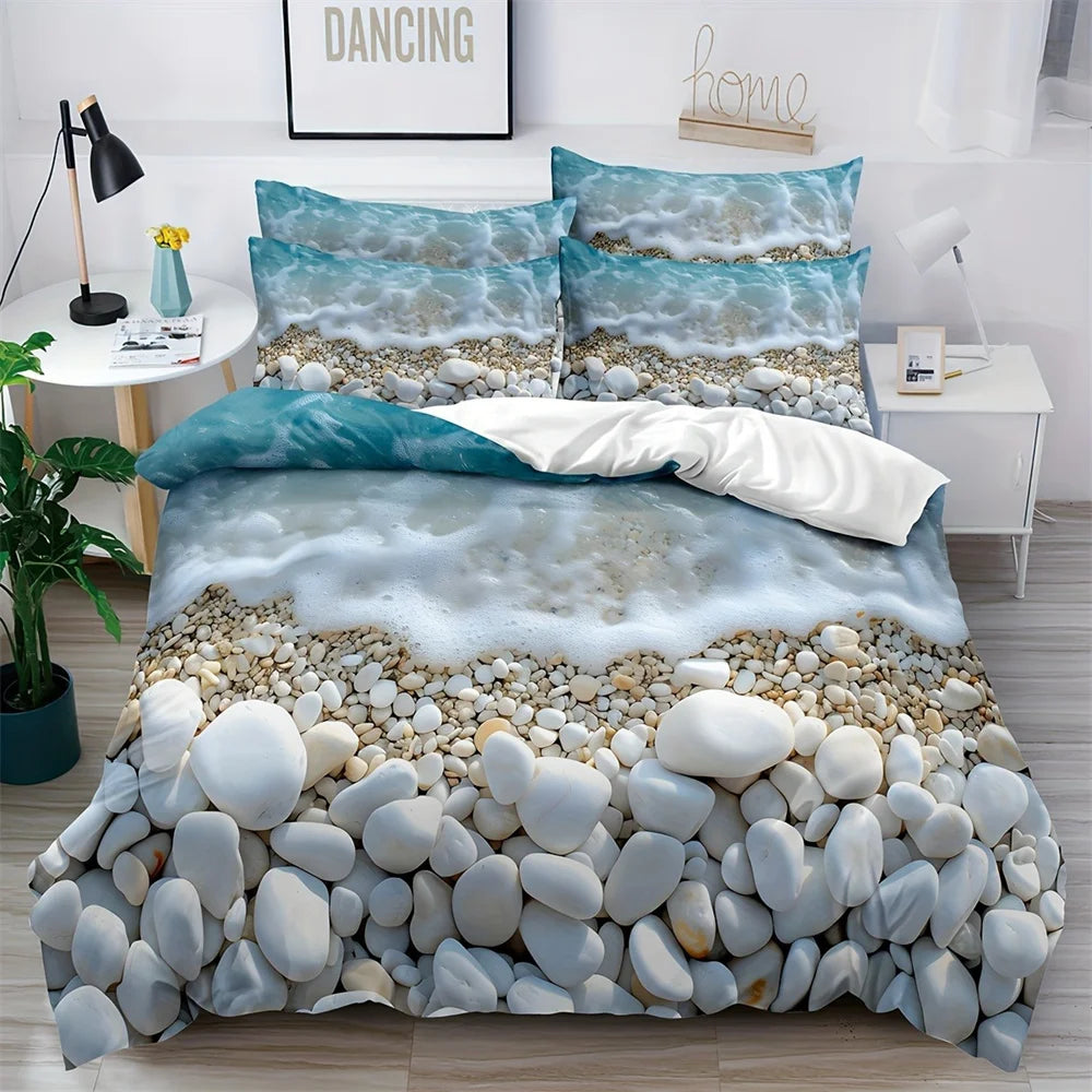 ensemble literie bleu blanc gris motif galets moderne housses taies d'oreiller microfibre machine laver