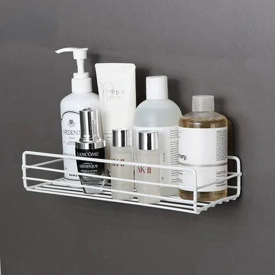 étagères rangement noir blanc grille métallique moderne minimaliste clips adhésifs bouteilles cosmétiques brosse dents
