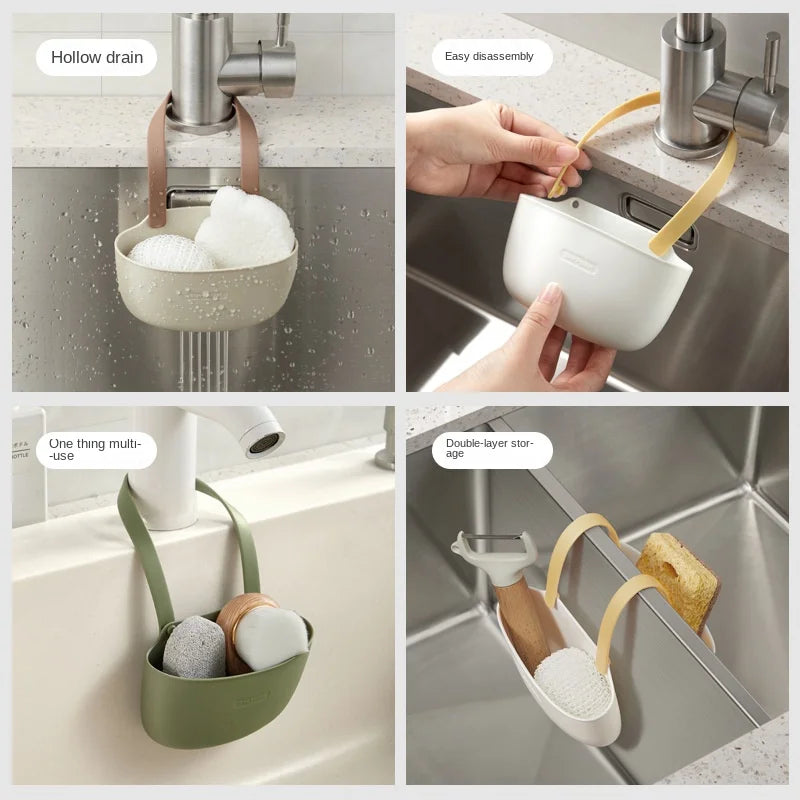 organisateur cuisine suspendu évier rangement éponge savon brosse moderne minimaliste vert olive marron