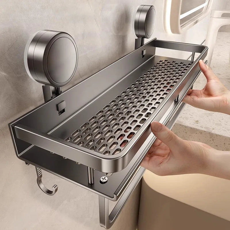 étagère salle bain argentée perforée moderne clips adhésifs crochets rechargeable murale aluminium
