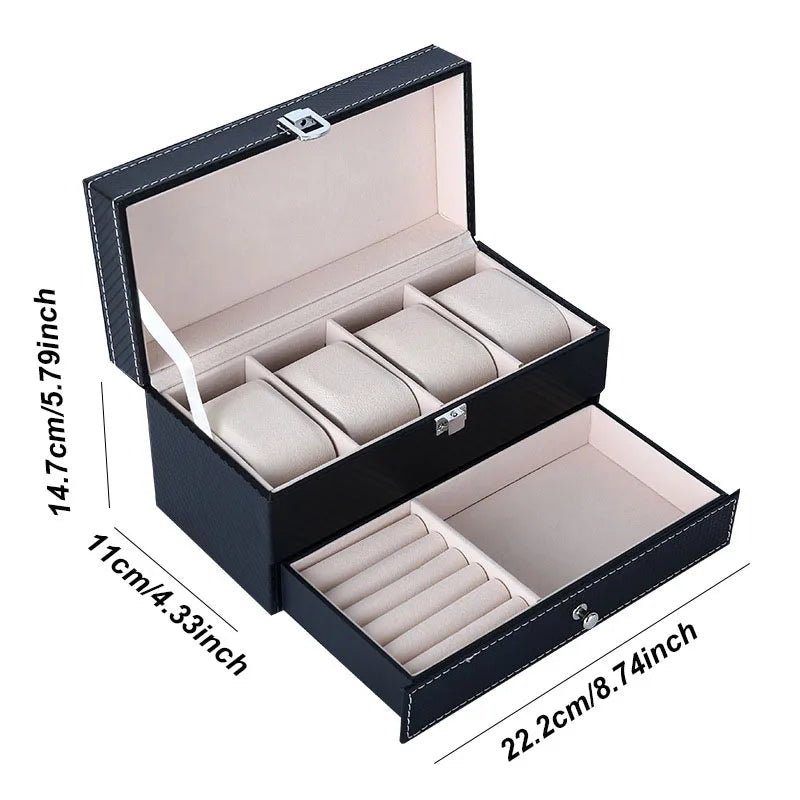 boîte rangement cuir noir montres bijoux élégante boutons fermeture moderne