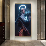 tableau toile tattoo nonne croix halo lumineux contemporain or noir rouge gris İslamistique erotique