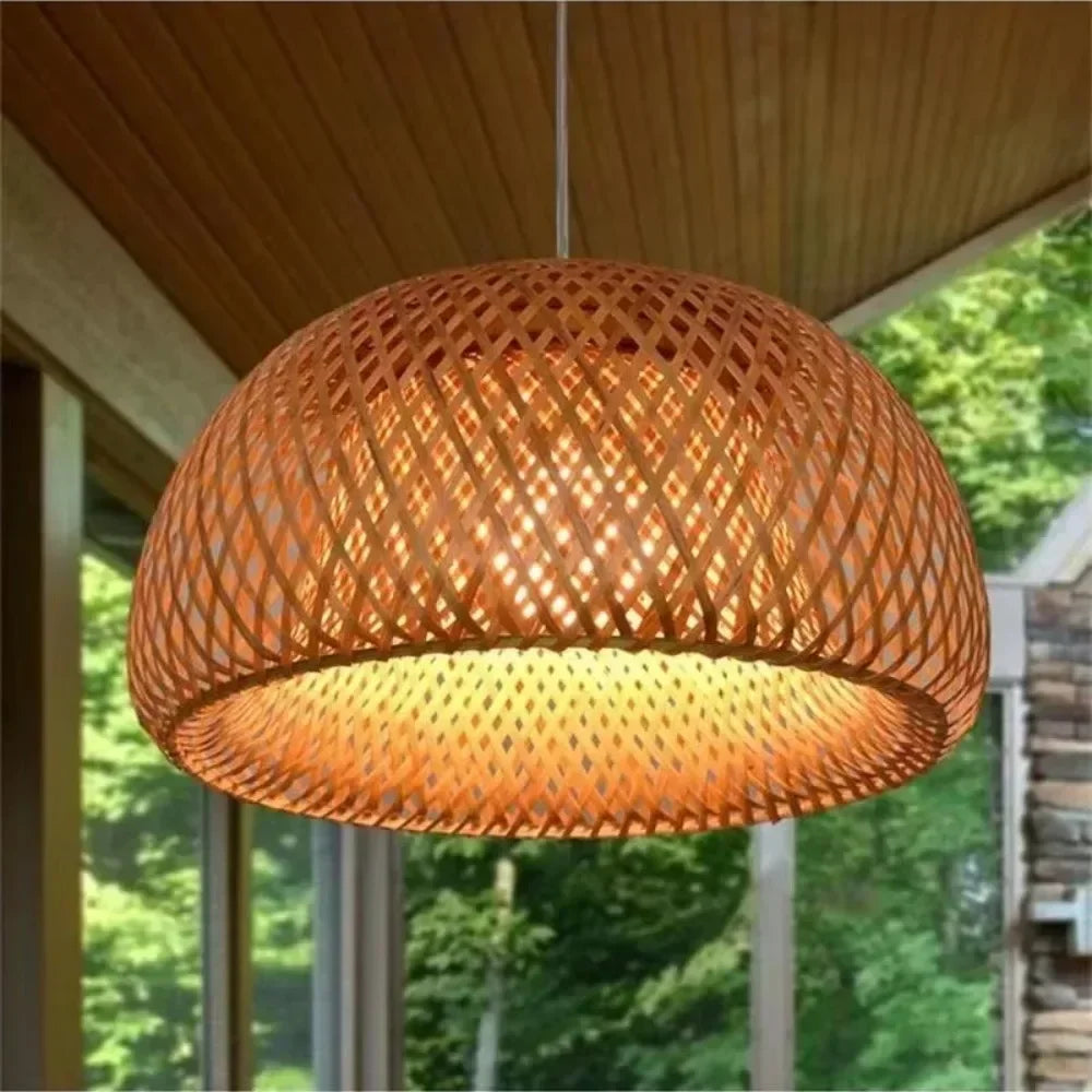 lampe suspendue marron clair tissage rotin moderne rustique câble noir